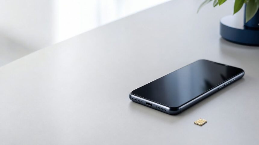Açık gri bir masa üzerinde duran akıllı telefon ve yanında gömülü SIM (eSIM) yongası modülü