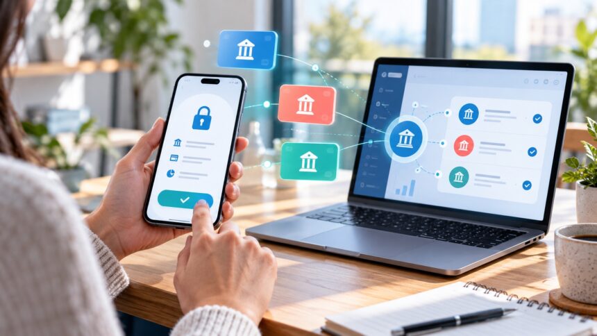 Akıllı telefondan farklı banka hesapları için güvenli erişim izni veren kullanıcı