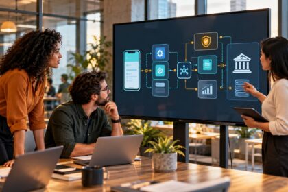 Fintech ürün ekibinin uygulama, API, uyum ve banka sistemlerini gösteren BaaS mimarisini incelemesi