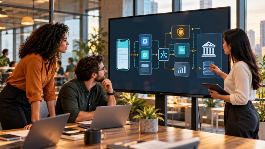 Fintech ürün ekibinin uygulama, API, uyum ve banka sistemlerini gösteren BaaS mimarisini incelemesi
