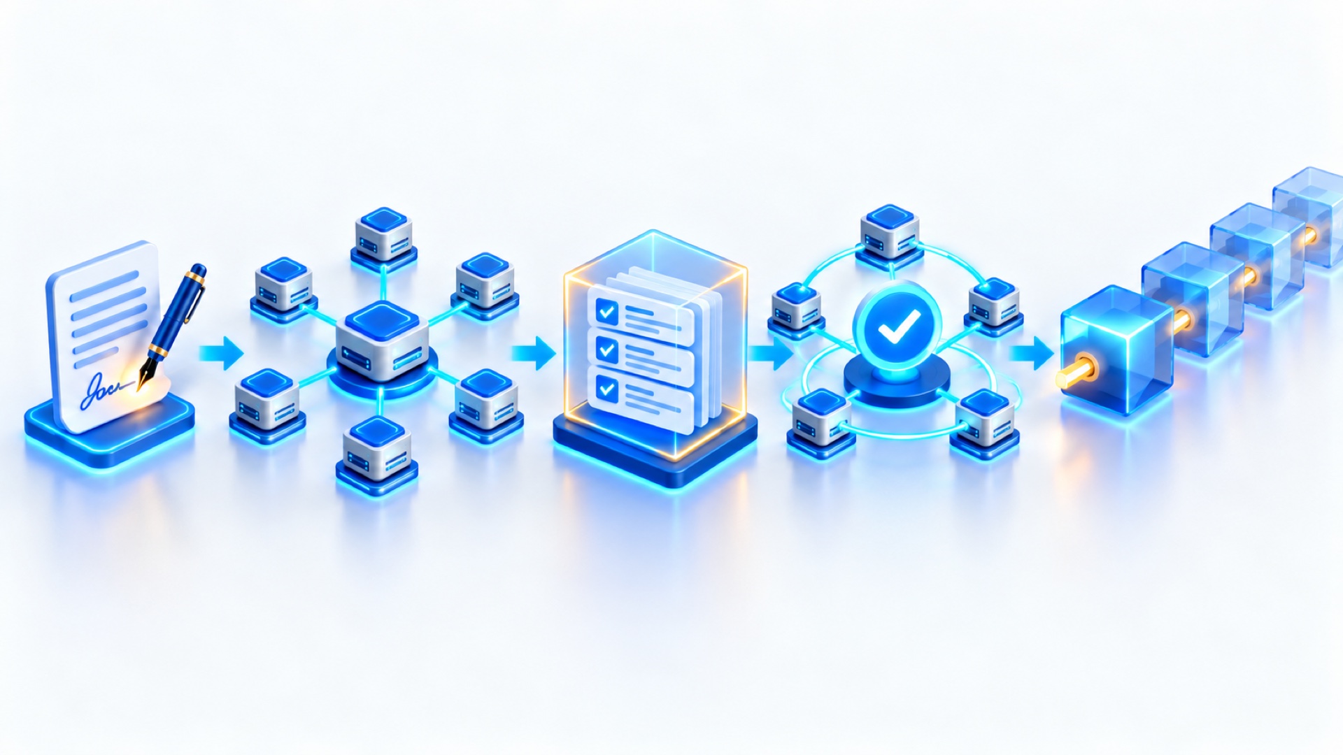 İşlem oluşturma, dijital imza, doğrulama, uzlaşma ve blok ekleme aşamalarından oluşan blockchain işleyişi