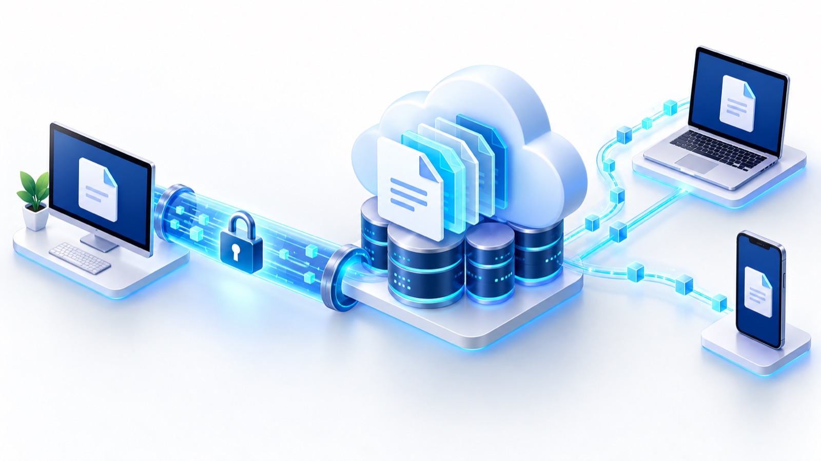 Dosyanın cihazdan şifreli bağlantı ile bulut depolama alanına aktarılması, sürümlenmesi ve farklı cihazlardan erişilmesi
