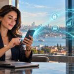 İstanbul manzaralı ofiste akıllı telefonundan güvenli dijital bankacılık hizmeti kullanan müşteri