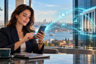 İstanbul manzaralı ofiste akıllı telefonundan güvenli dijital bankacılık hizmeti kullanan müşteri