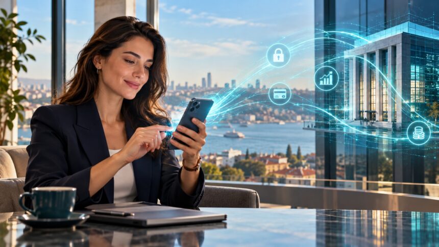 İstanbul manzaralı ofiste akıllı telefonundan güvenli dijital bankacılık hizmeti kullanan müşteri