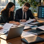 Finansal belgeleri ve güvenli veri odasını inceleyen due diligence ekibi