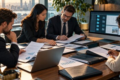 Finansal belgeleri ve güvenli veri odasını inceleyen due diligence ekibi