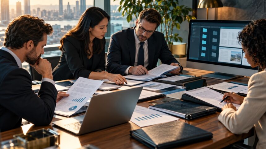 Finansal belgeleri ve güvenli veri odasını inceleyen due diligence ekibi