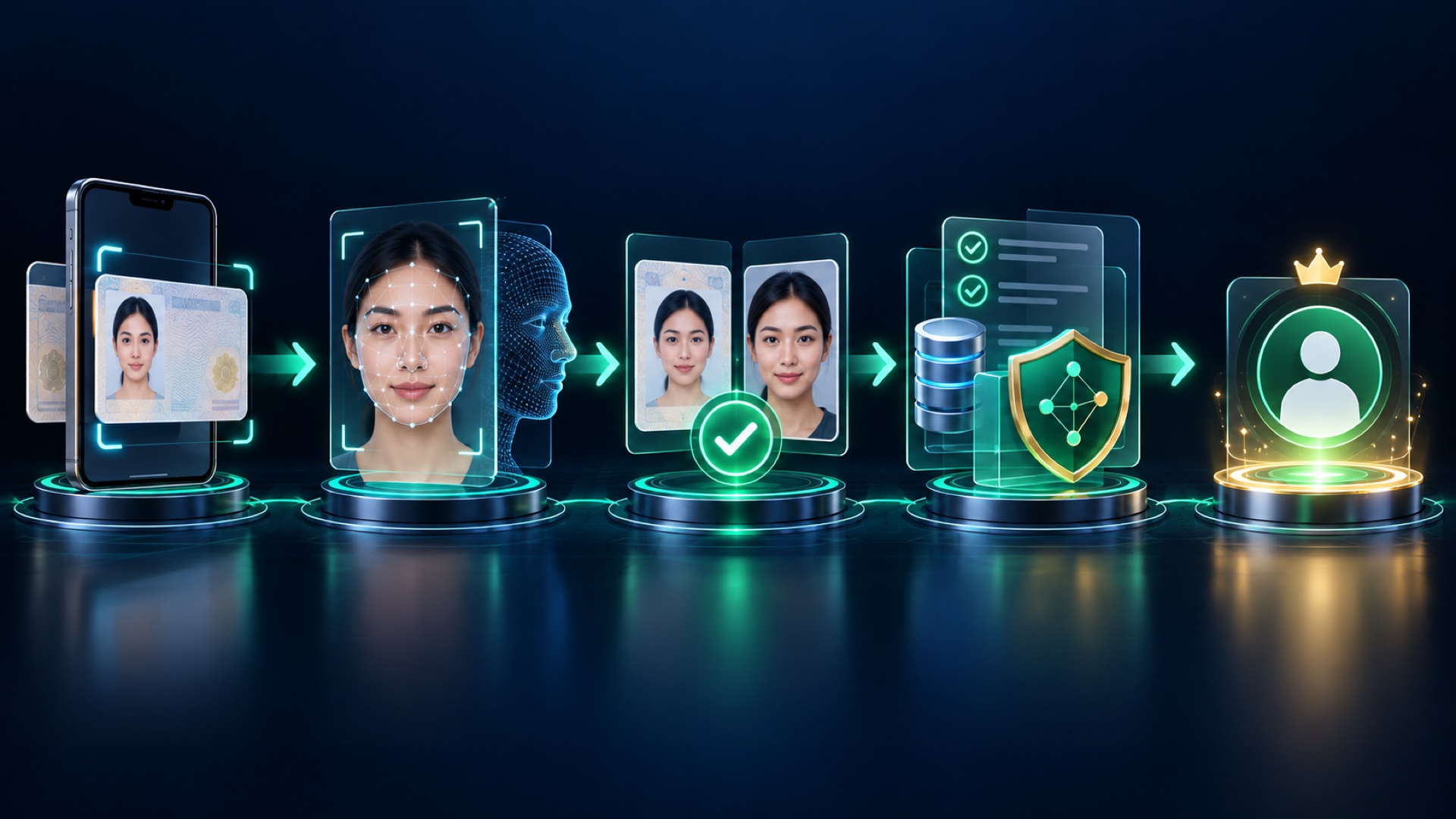 Kimlik belgesi okuma, canlılık kontrolü, yüz eşleştirme, veri doğrulama ve hesap açılışından oluşan e-KYC akışı