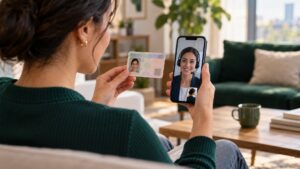 Müşterinin kimlik kartını telefon kamerasına göstererek banka temsilcisiyle uzaktan kimlik doğrulaması yapması