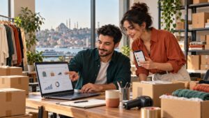 İstanbul manzaralı ofiste çevrim içi mağaza, sipariş ve paketleme süreçlerini yöneten e-ticaret ekibi