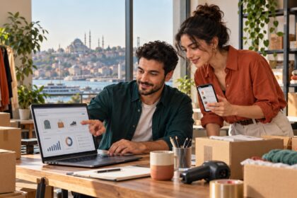 İstanbul manzaralı ofiste çevrim içi mağaza, sipariş ve paketleme süreçlerini yöneten e-ticaret ekibi