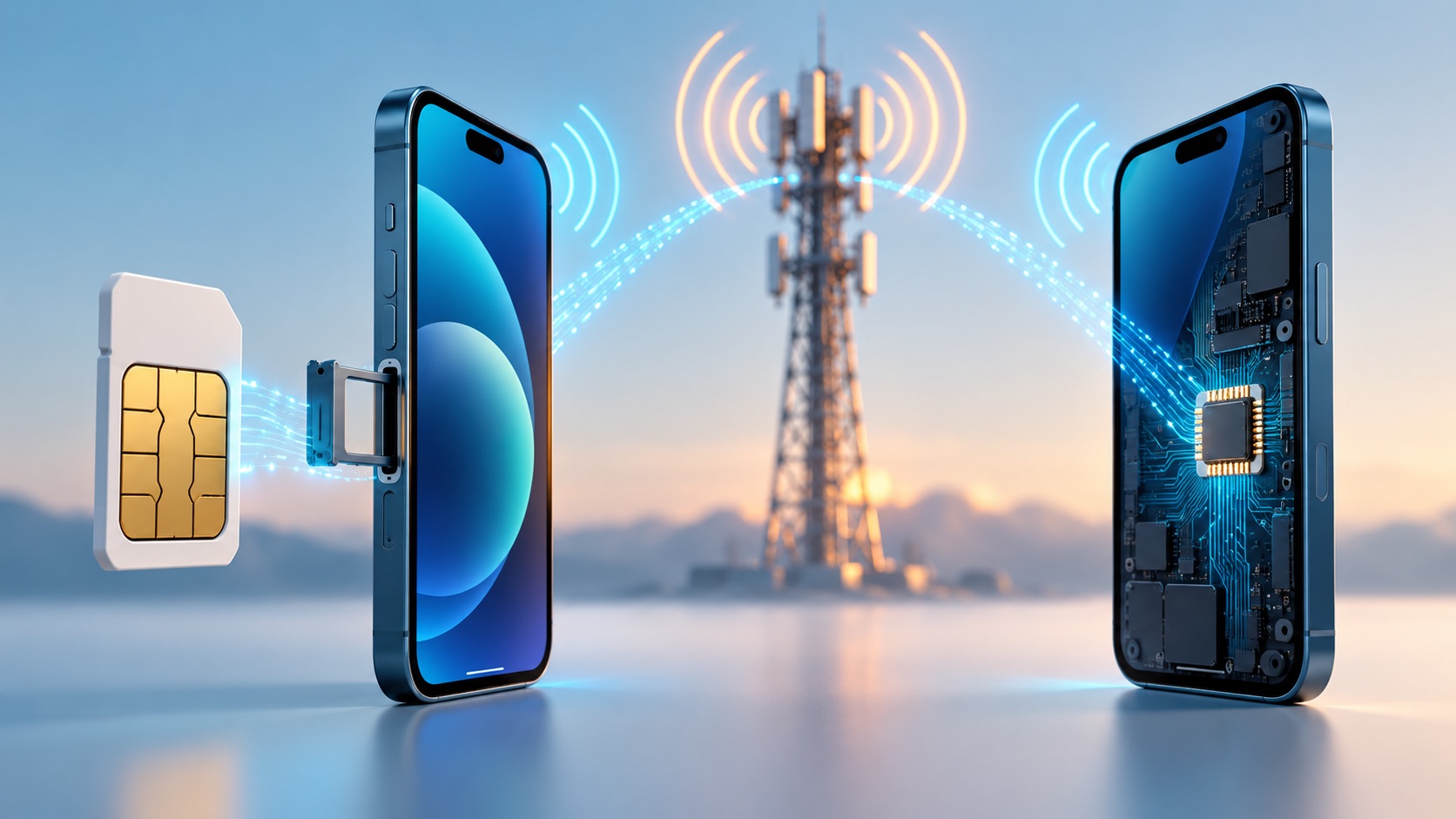 Fiziksel SIM kart ile telefona gömülü eSIM bileşeninin mobil şebekeye bağlanma akışı