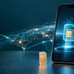 eSIM profili gösteren modern akıllı telefon ve yanında fiziksel SIM kart