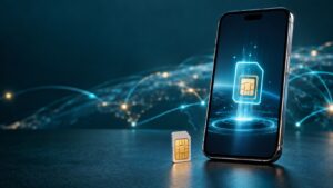 eSIM profili gösteren modern akıllı telefon ve yanında fiziksel SIM kart
