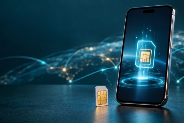 eSIM profili gösteren modern akıllı telefon ve yanında fiziksel SIM kart