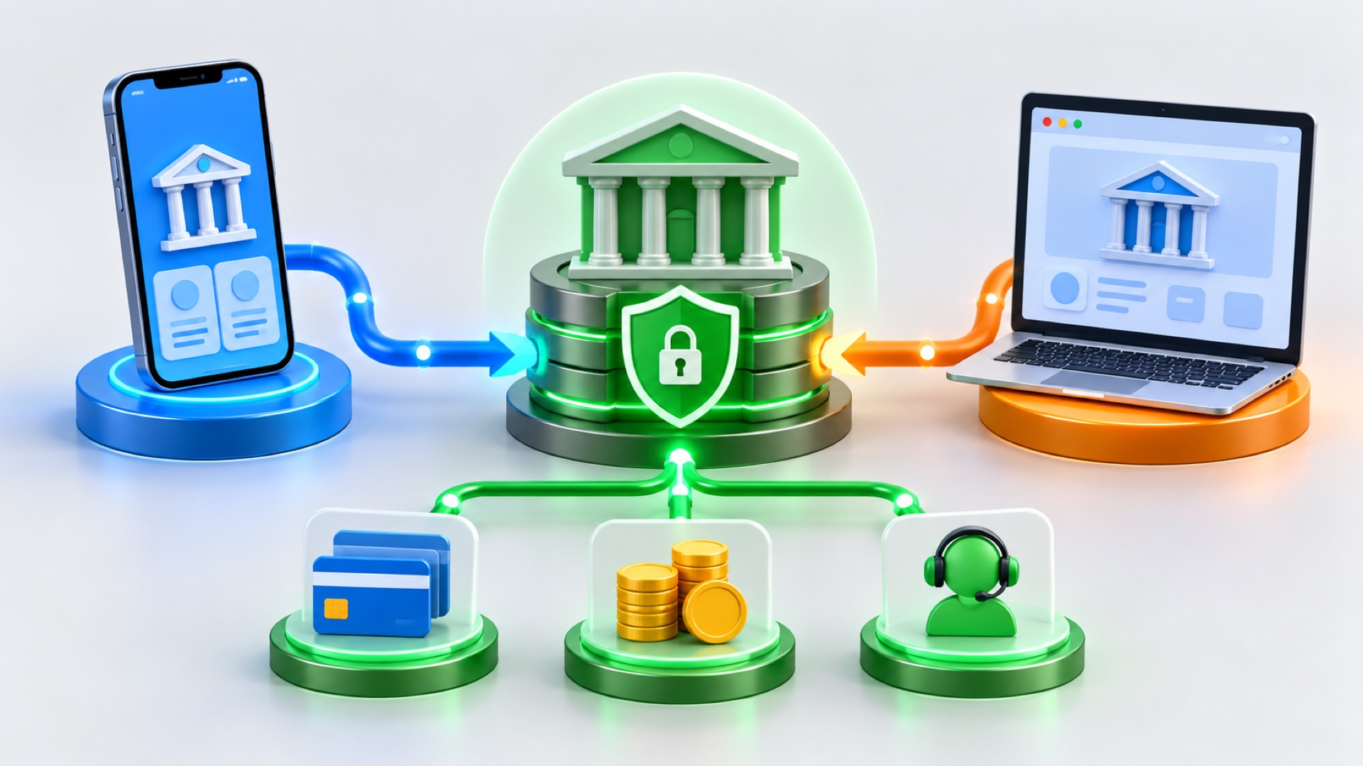 Mobil uygulama ve internet tarayıcısının aynı güvenli banka altyapısına bağlandığını gösteren karşılaştırmalı bankacılık görseli