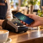 Akıllı telefonla temassız ödeme terminalinde NFC işlemi yapan kullanıcı