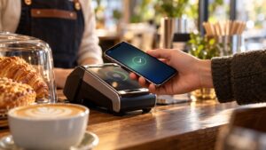 Akıllı telefonla temassız ödeme terminalinde NFC işlemi yapan kullanıcı