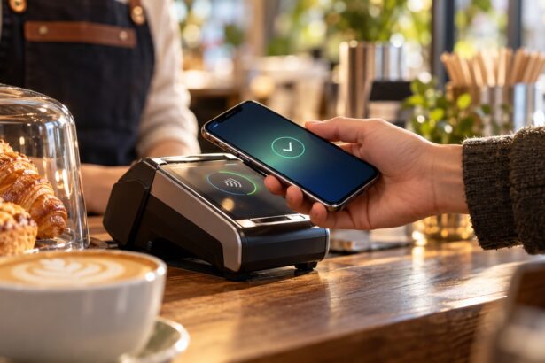 Akıllı telefonla temassız ödeme terminalinde NFC işlemi yapan kullanıcı