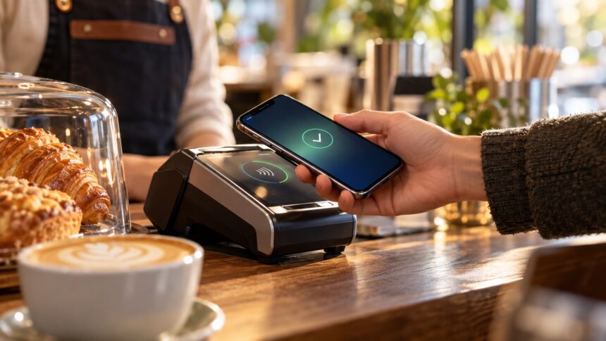 Akıllı telefonla temassız ödeme terminalinde NFC işlemi yapan kullanıcı