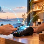İstanbul'da müşterinin telefonunu POS terminaline yaklaştırdığı dijital ödeme sahnesi