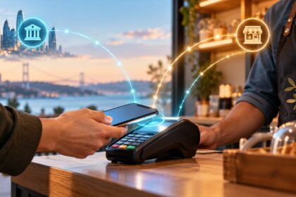 İstanbul'da müşterinin telefonunu POS terminaline yaklaştırdığı dijital ödeme sahnesi