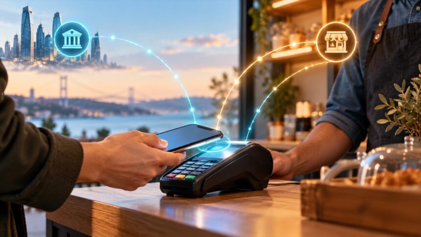 İstanbul'da müşterinin telefonunu POS terminaline yaklaştırdığı dijital ödeme sahnesi