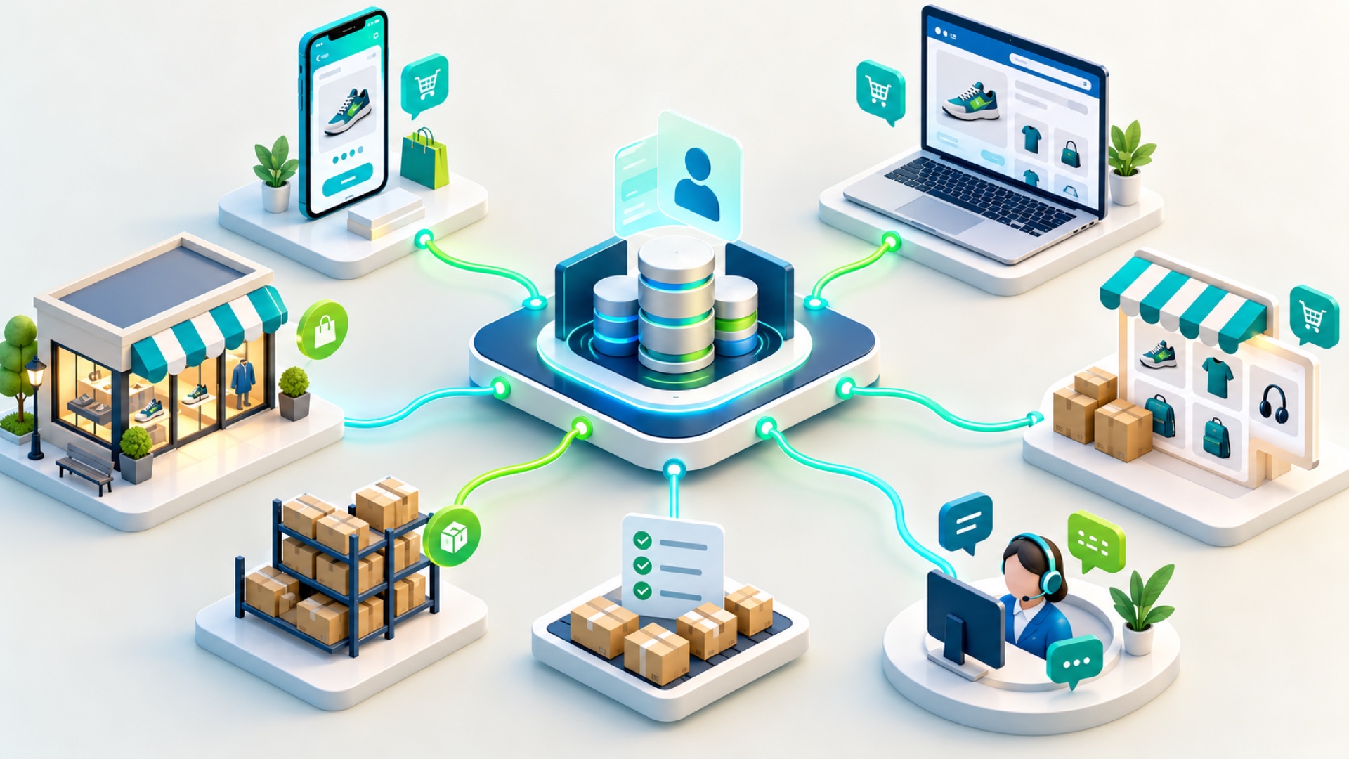 Mobil uygulama, web sitesi, pazaryeri, fiziksel mağaza ve müşteri hizmetlerinin ortak stok ve sipariş sistemiyle bağlandığı omnichannel yolculuk