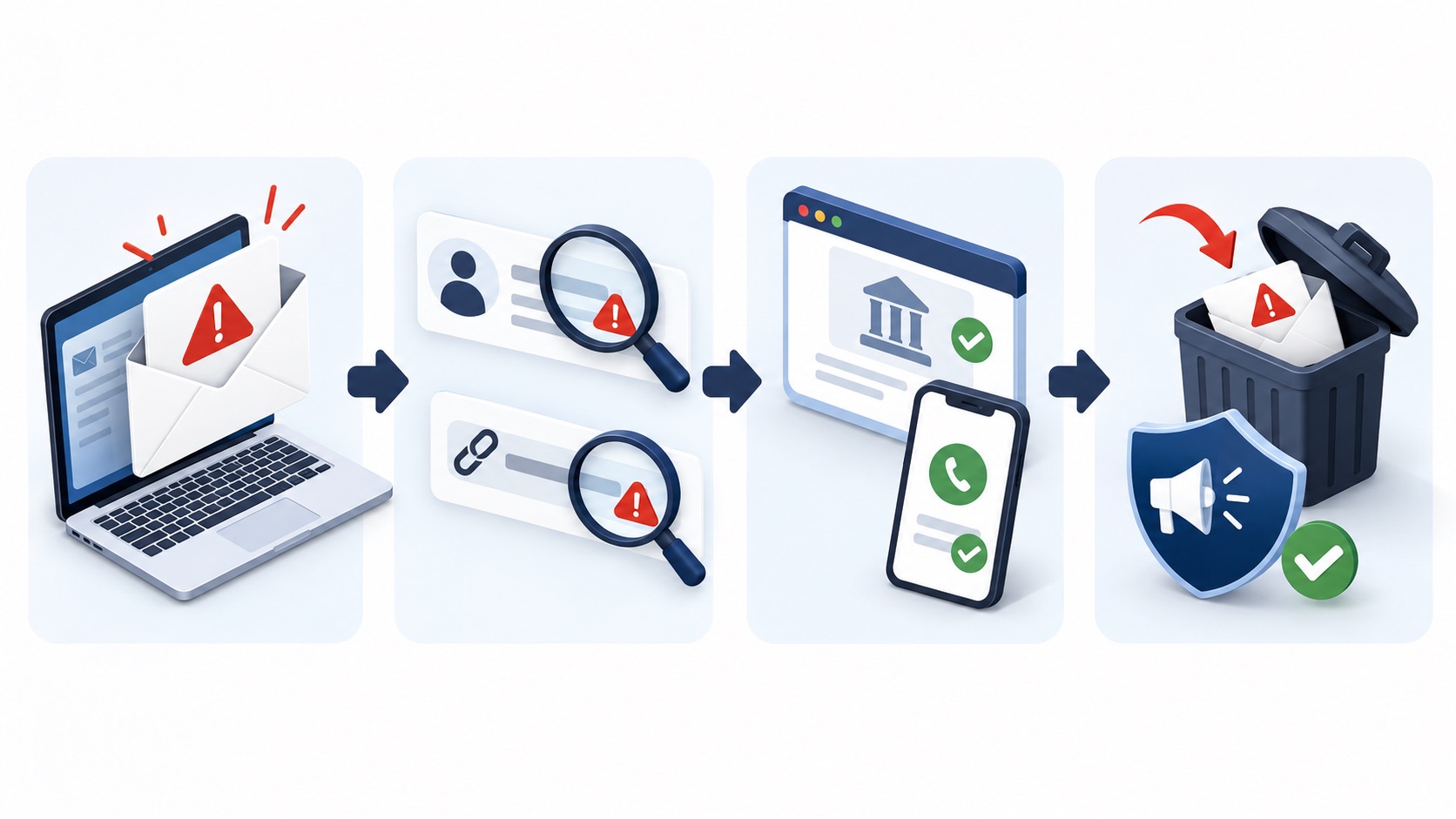 Şüpheli e-posta için dur, göndereni kontrol et, bağımsız kanaldan doğrula ve bildir adımlarını gösteren phishing kontrol akışı
