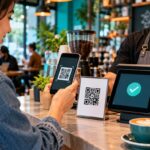 Kafede müşterinin telefonuyla kasadaki QR kodu tarayarak ödeme yaptığı sahne
