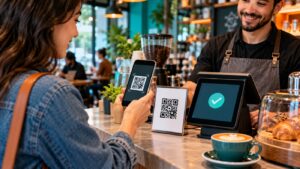 Kafede müşterinin telefonuyla kasadaki QR kodu tarayarak ödeme yaptığı sahne