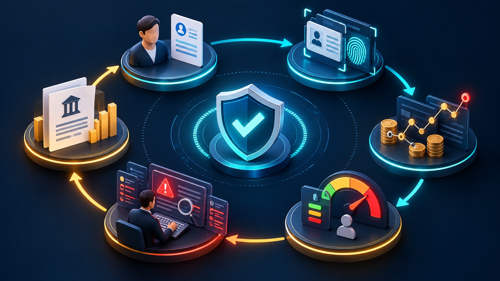Müşteri kabulünden kimlik doğrulama, işlem izleme, risk puanlama, uyarı inceleme ve düzenleyici rapora uzanan RegTech uyum akışı