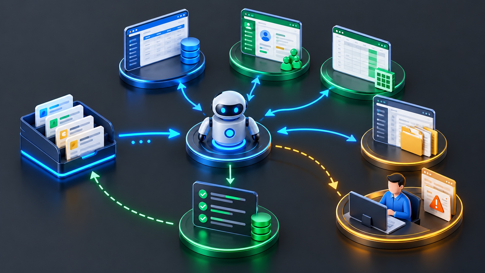 Girdi kuyruğu, yazılım robotu, ERP ve CRM uygulamaları, kontrol noktası ve sonuç kaydından oluşan RPA akışı