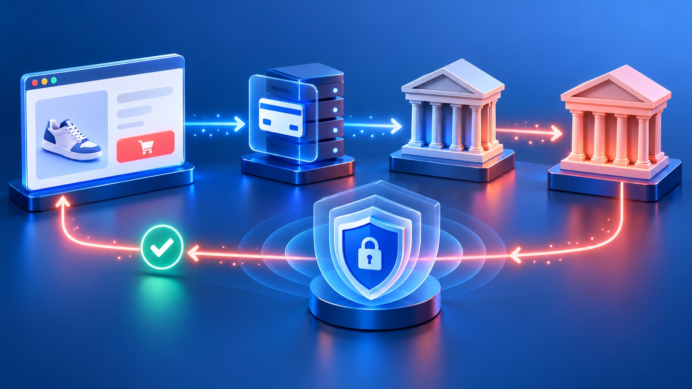 E-ticaret ödeme sayfasından ödeme geçidine, bankalara ve onay sonucuna uzanan sanal POS işlem akışı
