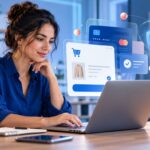 E-ticaret işletmesinde dizüstü bilgisayardan güvenli ödeme ekranını yöneten girişimci