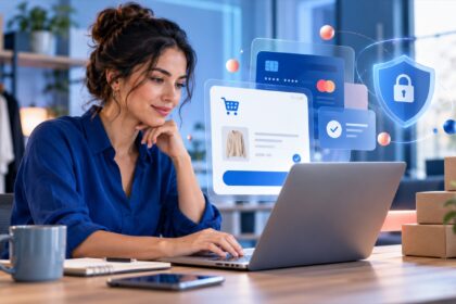 E-ticaret işletmesinde dizüstü bilgisayardan güvenli ödeme ekranını yöneten girişimci