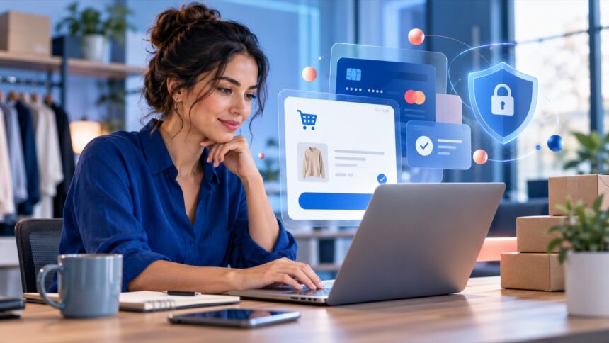 E-ticaret işletmesinde dizüstü bilgisayardan güvenli ödeme ekranını yöneten girişimci