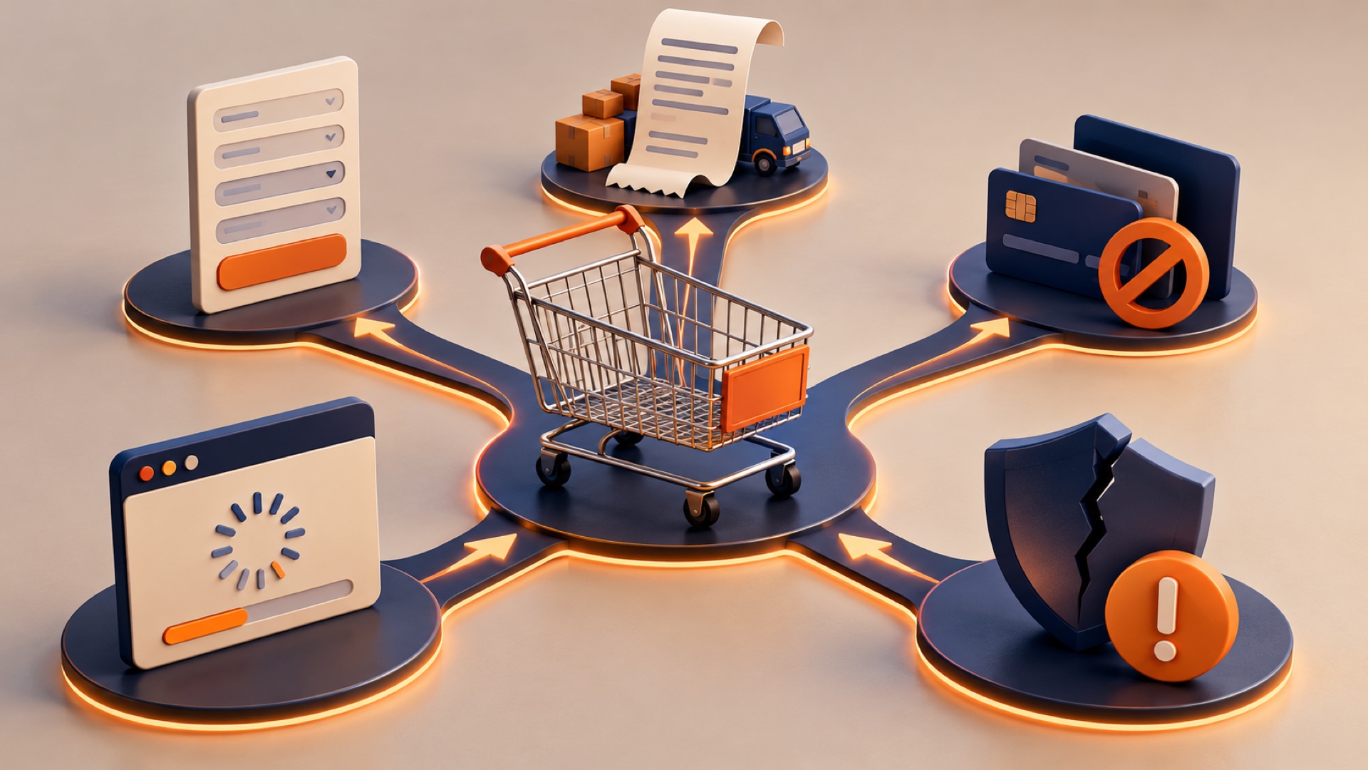 Kargo maliyeti, uzun form, ödeme seçeneği, yavaş sayfa ve güven sorunlarının e-ticaret sepetinden çıkışa yol açtığını gösteren görsel