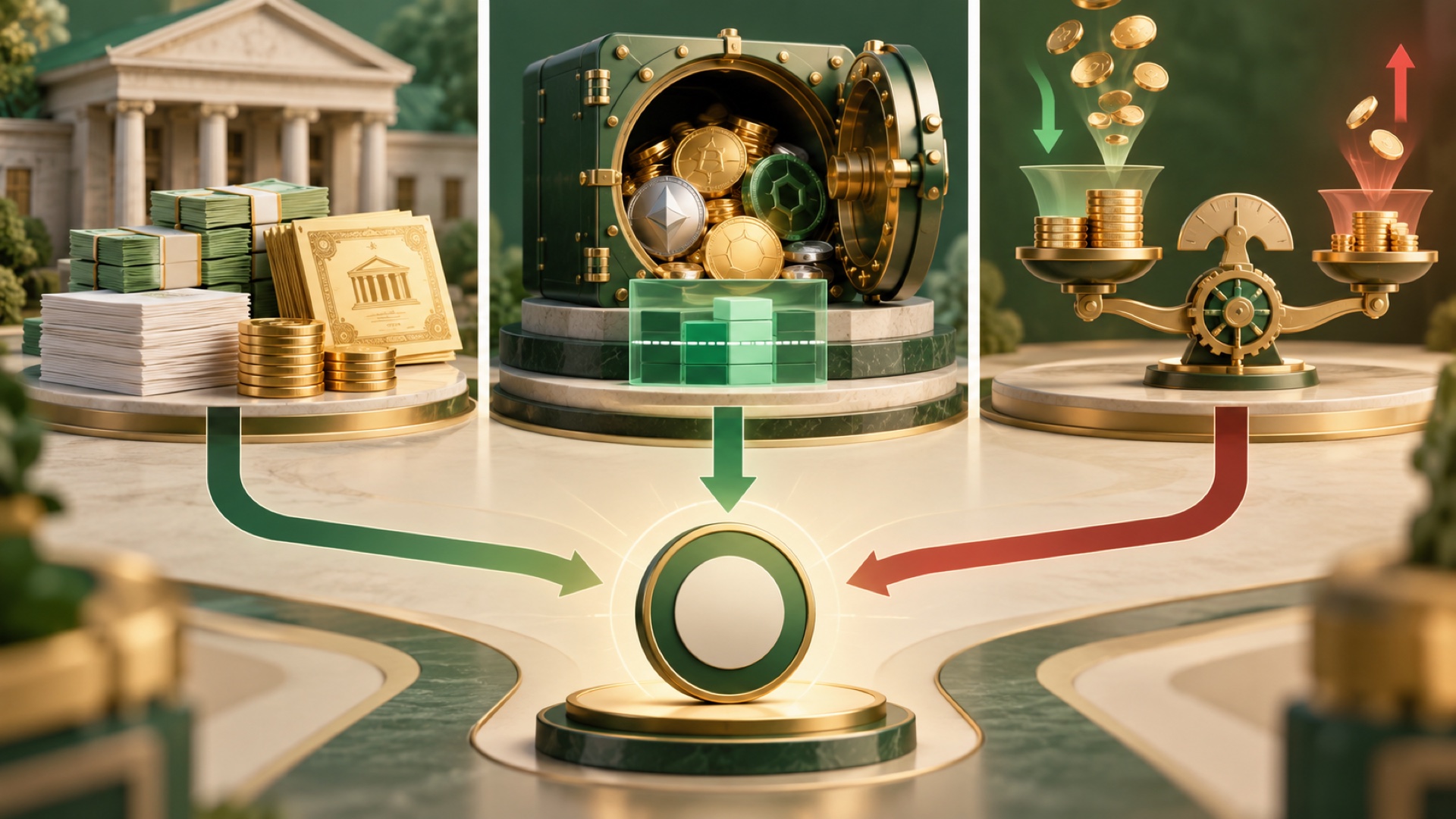 Fiat rezervli, kripto teminatlı ve algoritmik stablecoin modellerinin değer dengeleme mekanizmalarını karşılaştıran görsel
