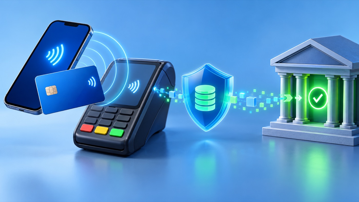 Telefon ve temassız karttan POS terminaline, güvenlik katmanına ve banka onayına uzanan NFC ödeme akışı