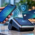 Akıllı telefon ve temassız kartın POS terminaline yaklaştırıldığı ödeme sahnesi