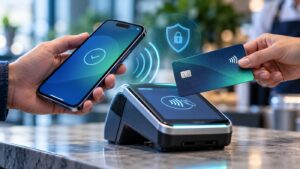 Akıllı telefon ve temassız kartın POS terminaline yaklaştırıldığı ödeme sahnesi