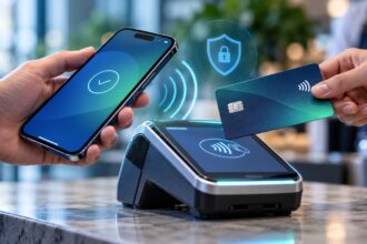 Akıllı telefon ve temassız kartın POS terminaline yaklaştırıldığı ödeme sahnesi