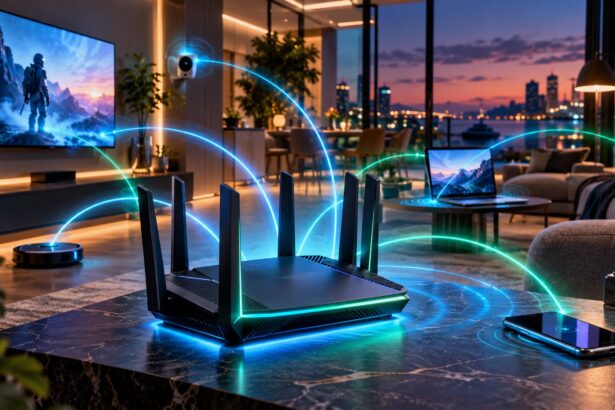 Modern evde çok sayıda cihaza yüksek hızlı bağlantı sağlayan Wi-Fi 7 yönlendirici